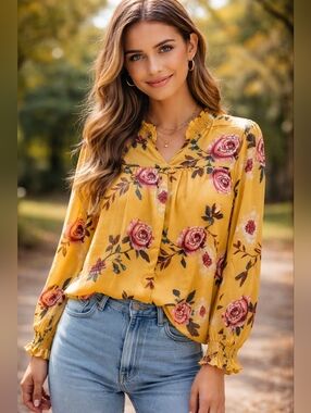Pink and Gold Floral Smocked Blouse with Ruffles